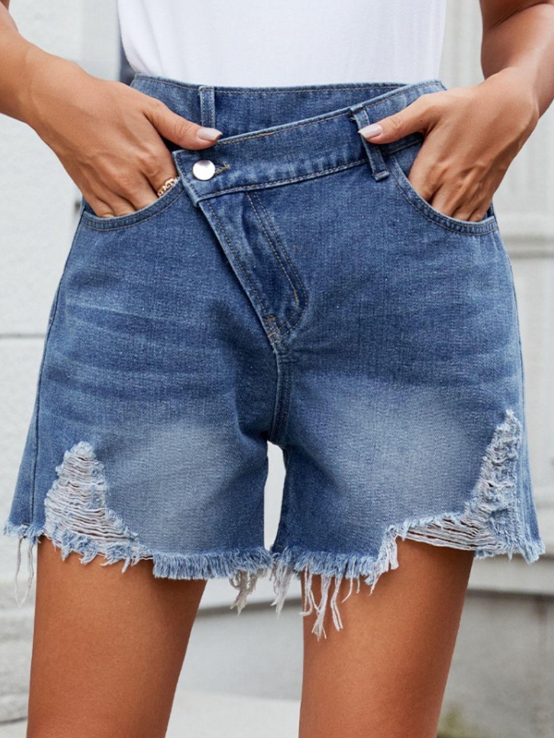 Distressed Raw Hem Asymmetric Waist Denim Shorts - ClubOn