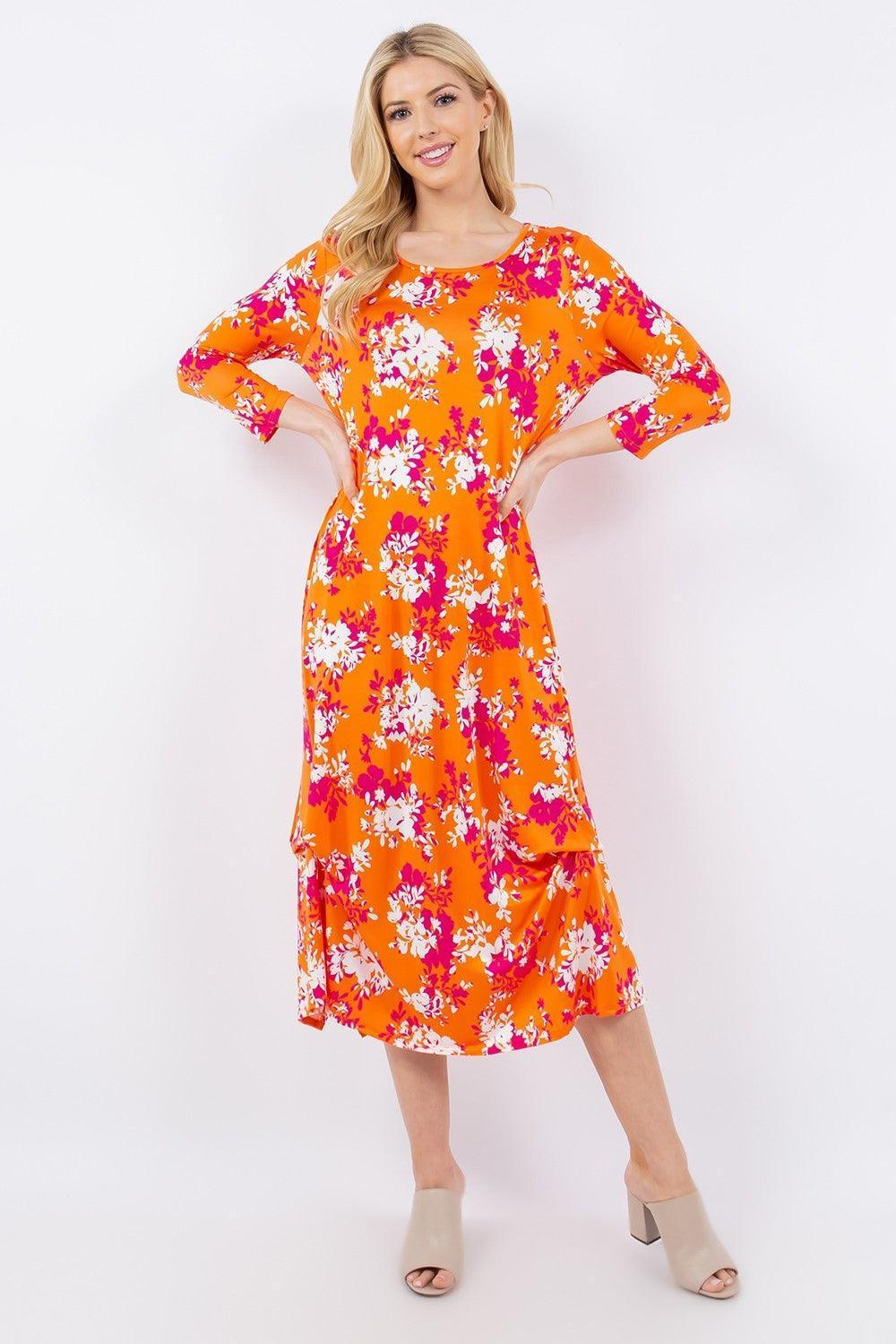 Celeste Full Size Pick-Up Hem Asymmetric Floral Midi Dress - ClubOn