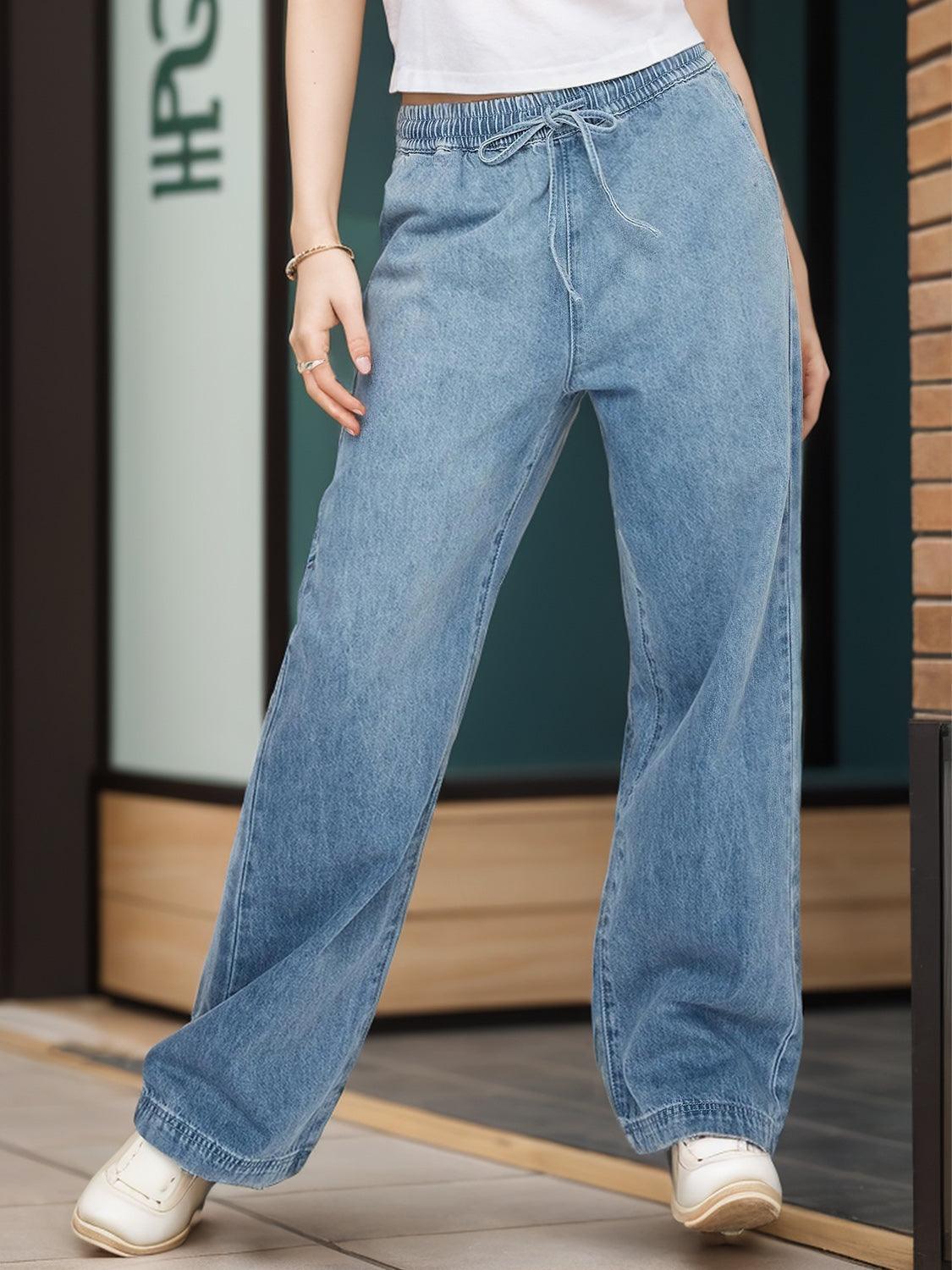 Drawstring Straight Jeans with Pockets - ClubOn