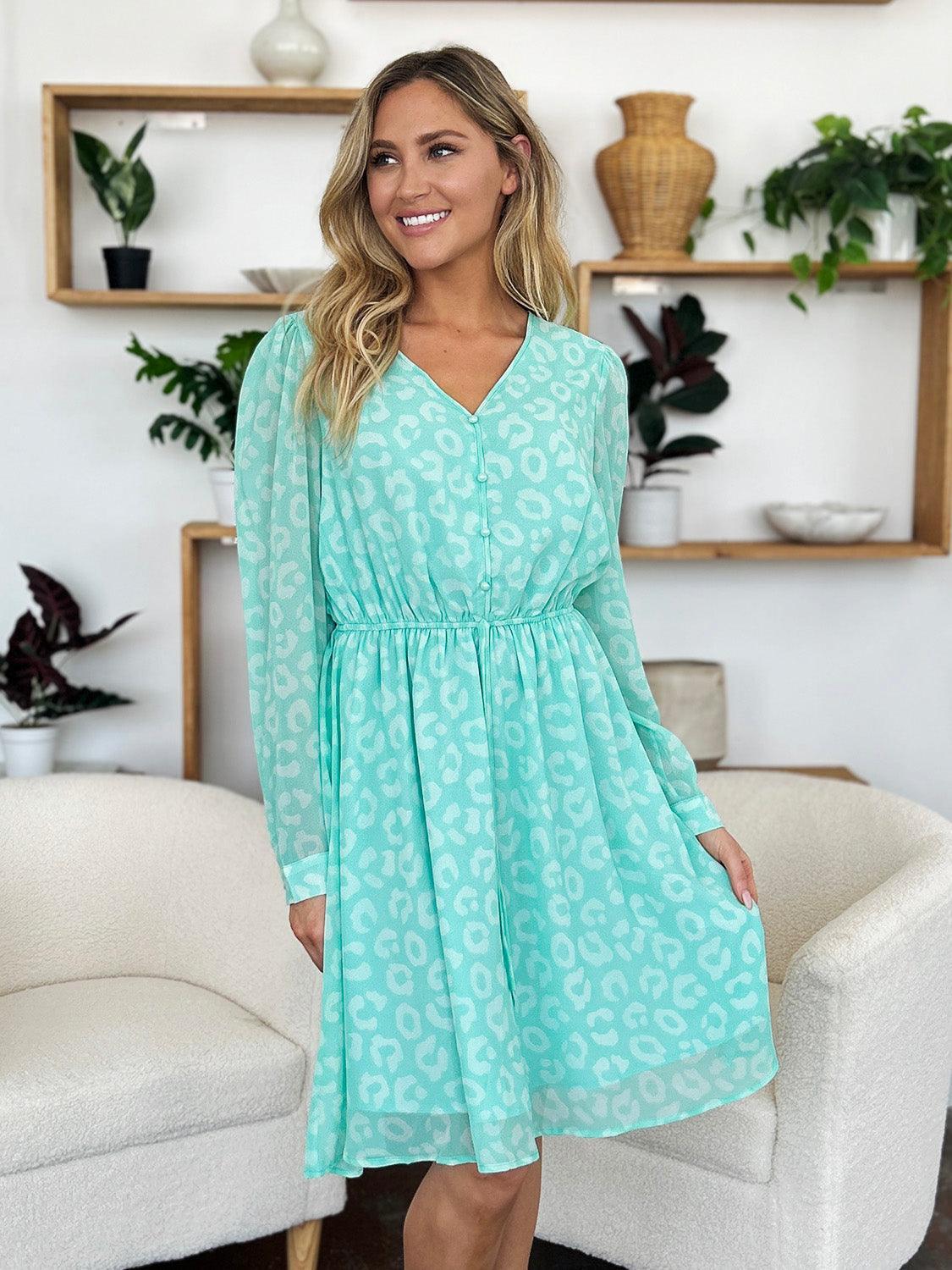 Double Take Full Size Printed Ruched V-Neck Long Sleeve Dress - ClubOn