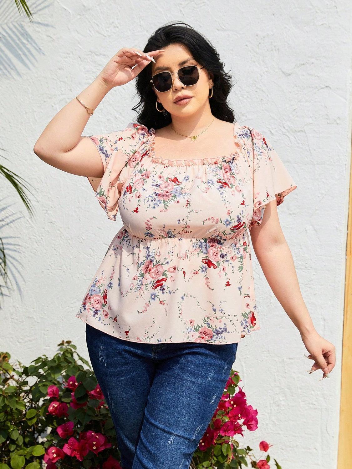 Plus Size Frill Printed Flutter Sleeve Blouse - ClubOn