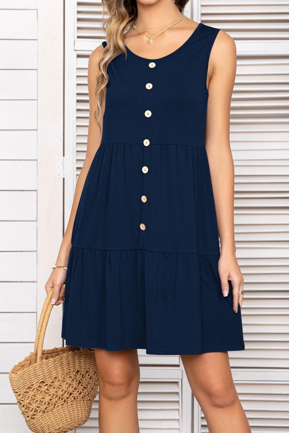 Decorative Button Scoop Neck Sleeveless Tiered Dress - ClubOn