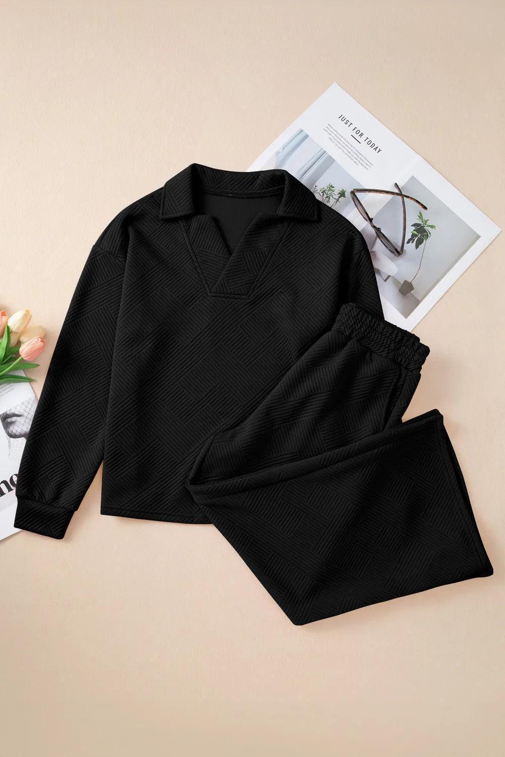 Textured Long Sleeve Top & Drawstring Pants Set - ClubOn