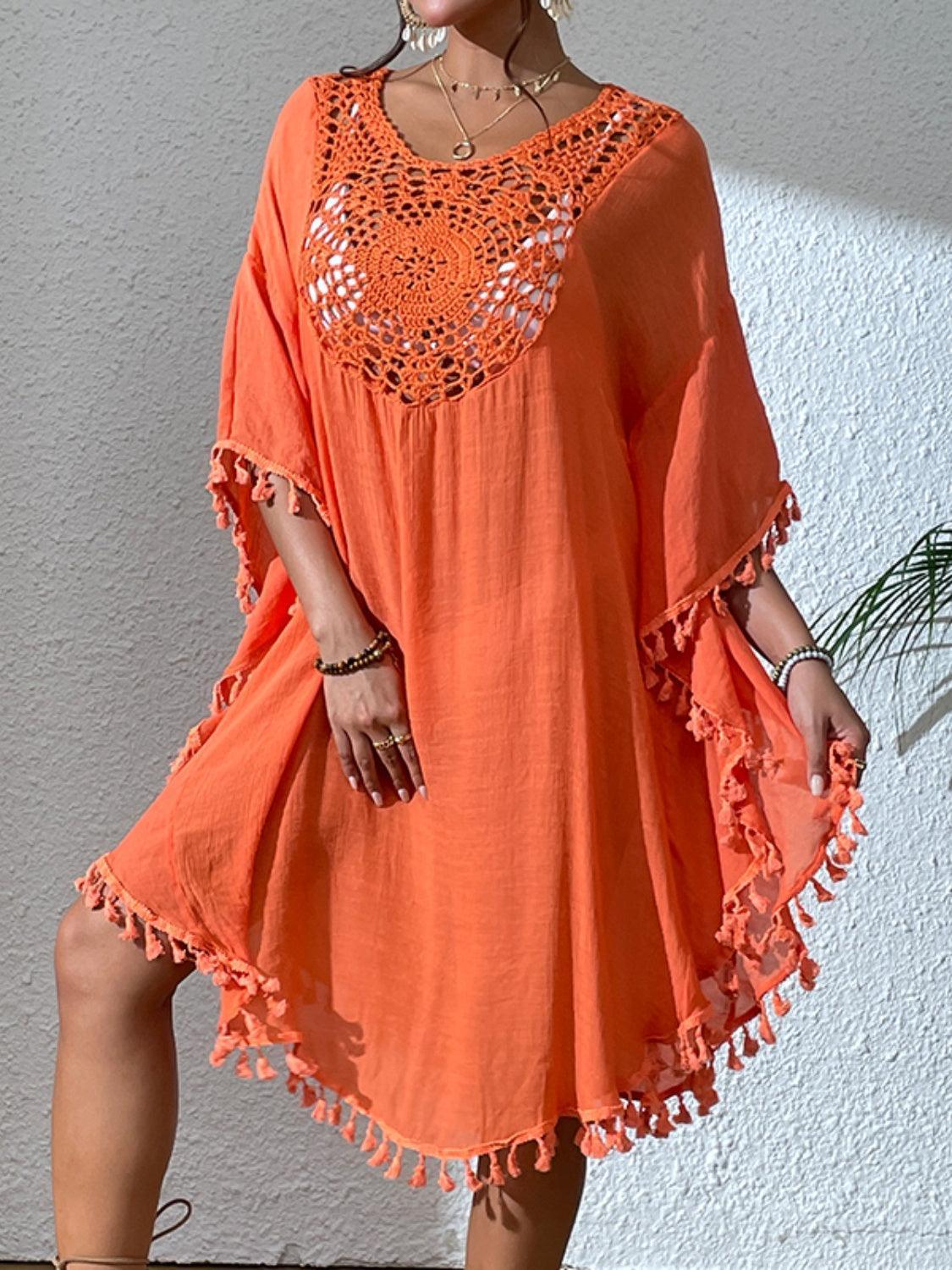 Tassel Cutout Scoop Neck Cover-Up Dress - ClubOn