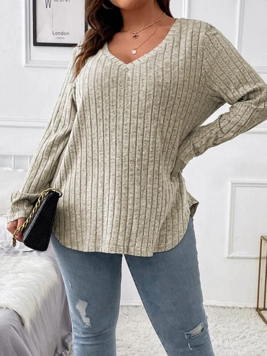 Plus Size V-Neck Long Sleeve T-Shirt - ClubOn