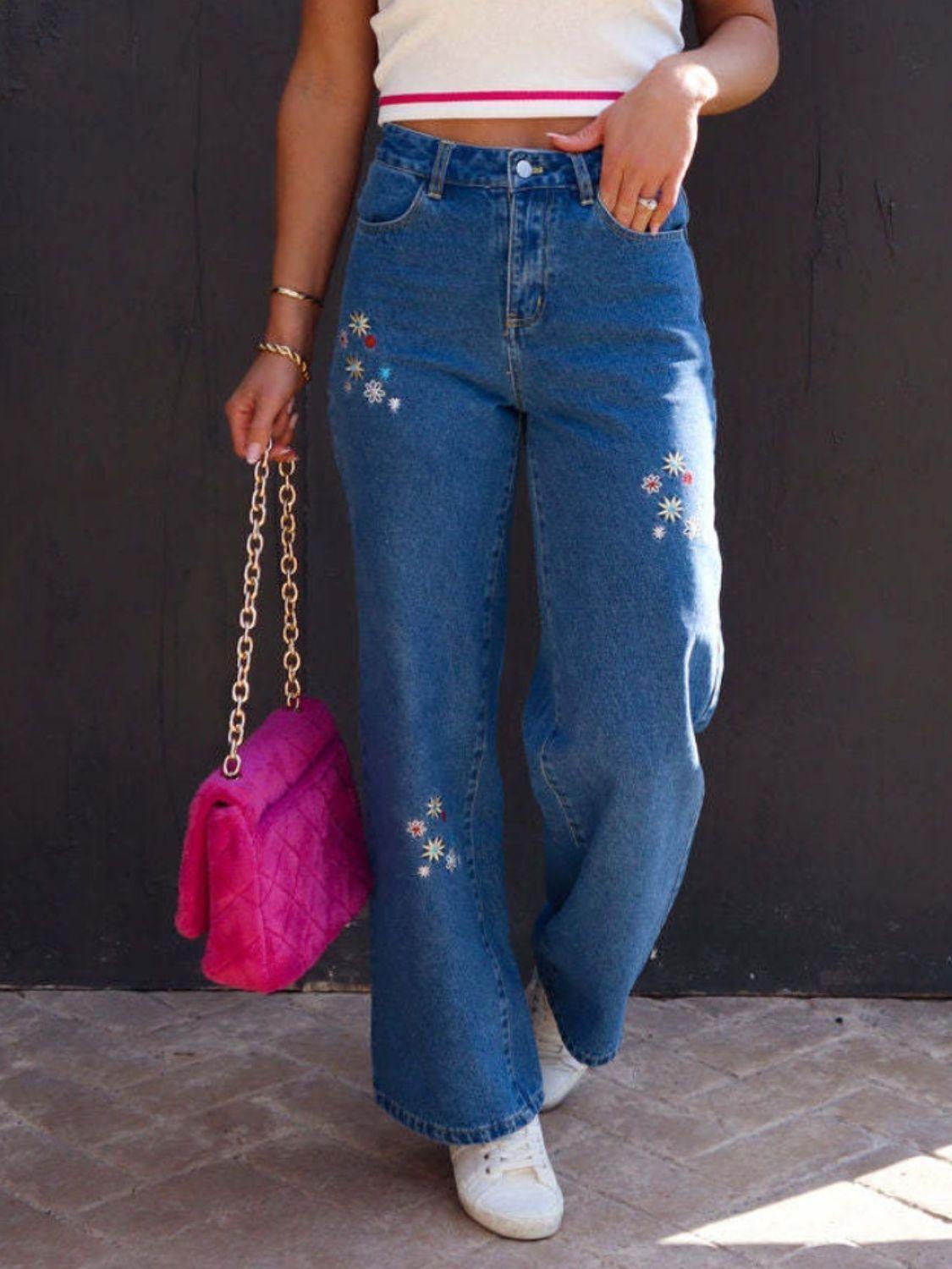 Embroidered Straight Jeans with Pockets - ClubOn