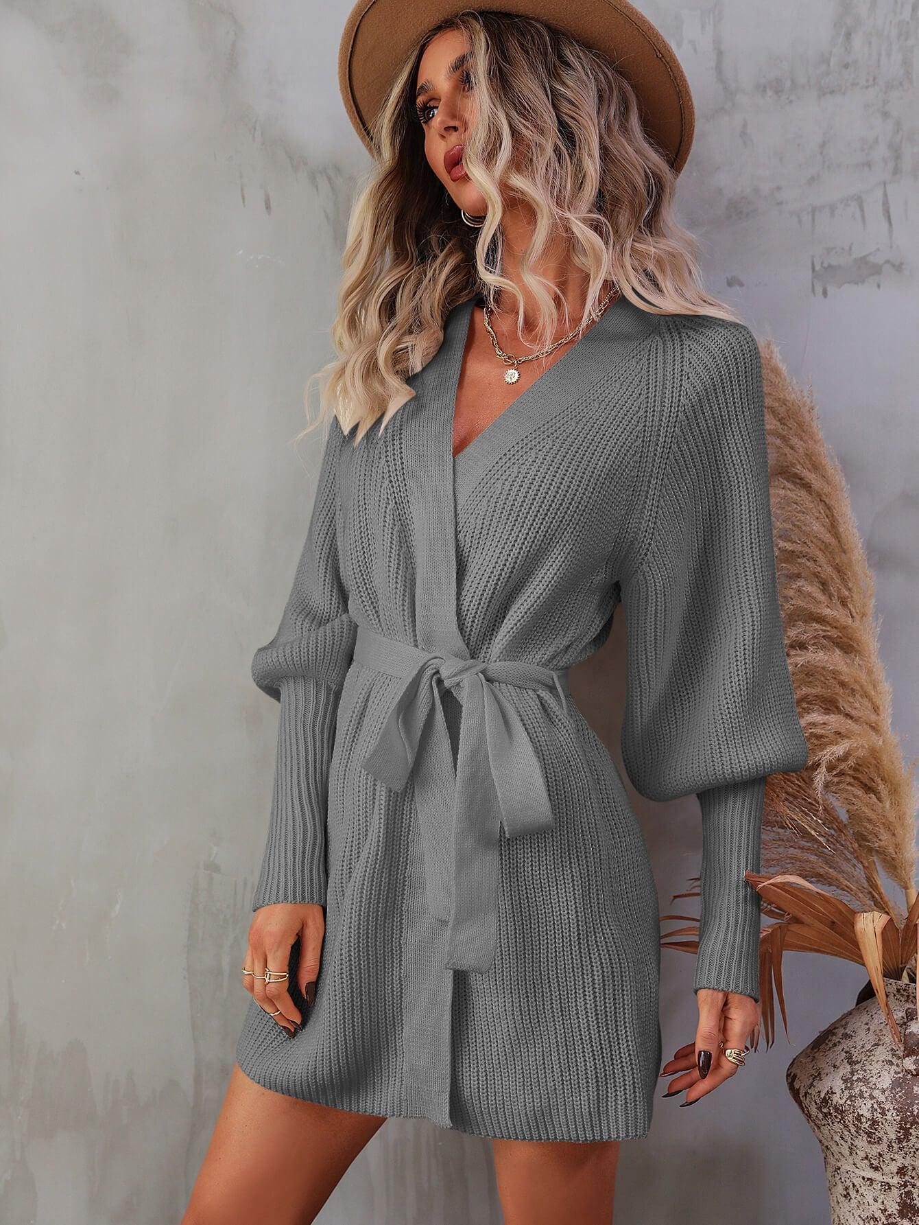 Belted Surplice Lantern Sleeve Wrap Sweater Dress - ClubOn