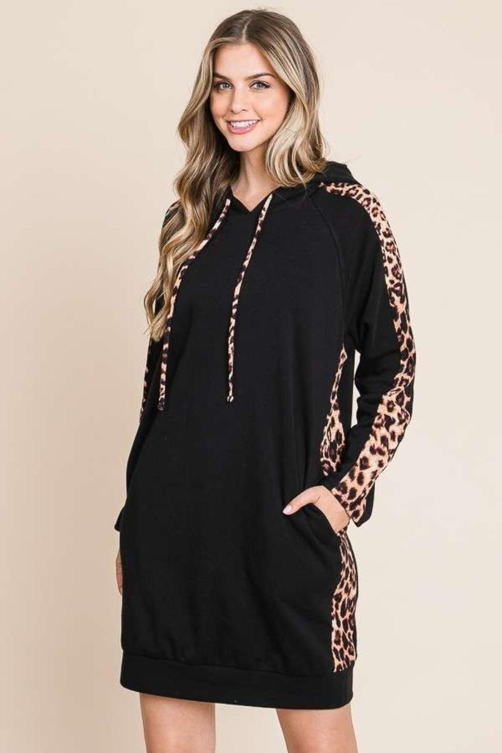 Culture Code Drawstring Leopard Long Sleeve Hooded Dress - ClubOn