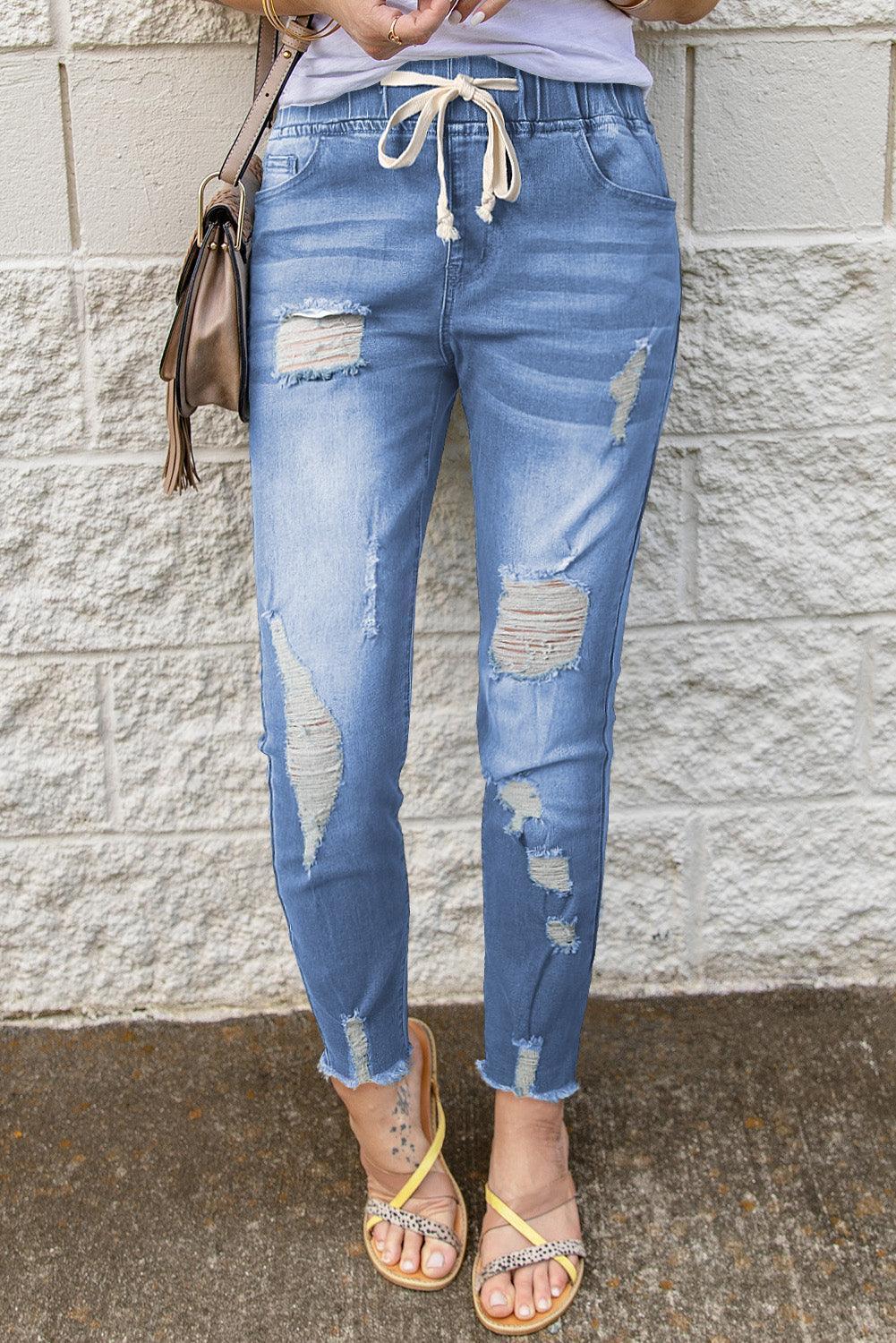 Drawstring Distressed Raw Hem Jeans with Pockets - ClubOn