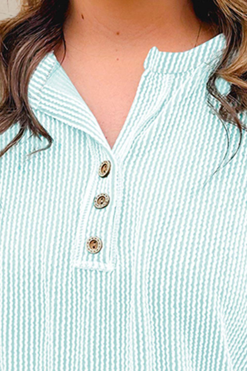 Plus Size Striped Notched Short Sleeve T-Shirt - ClubOn