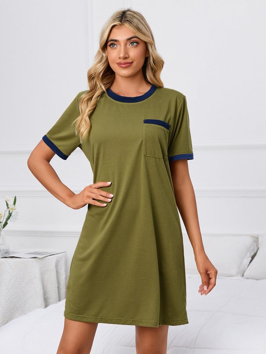 Contrast Trim Round Neck Mini Dress - ClubOn