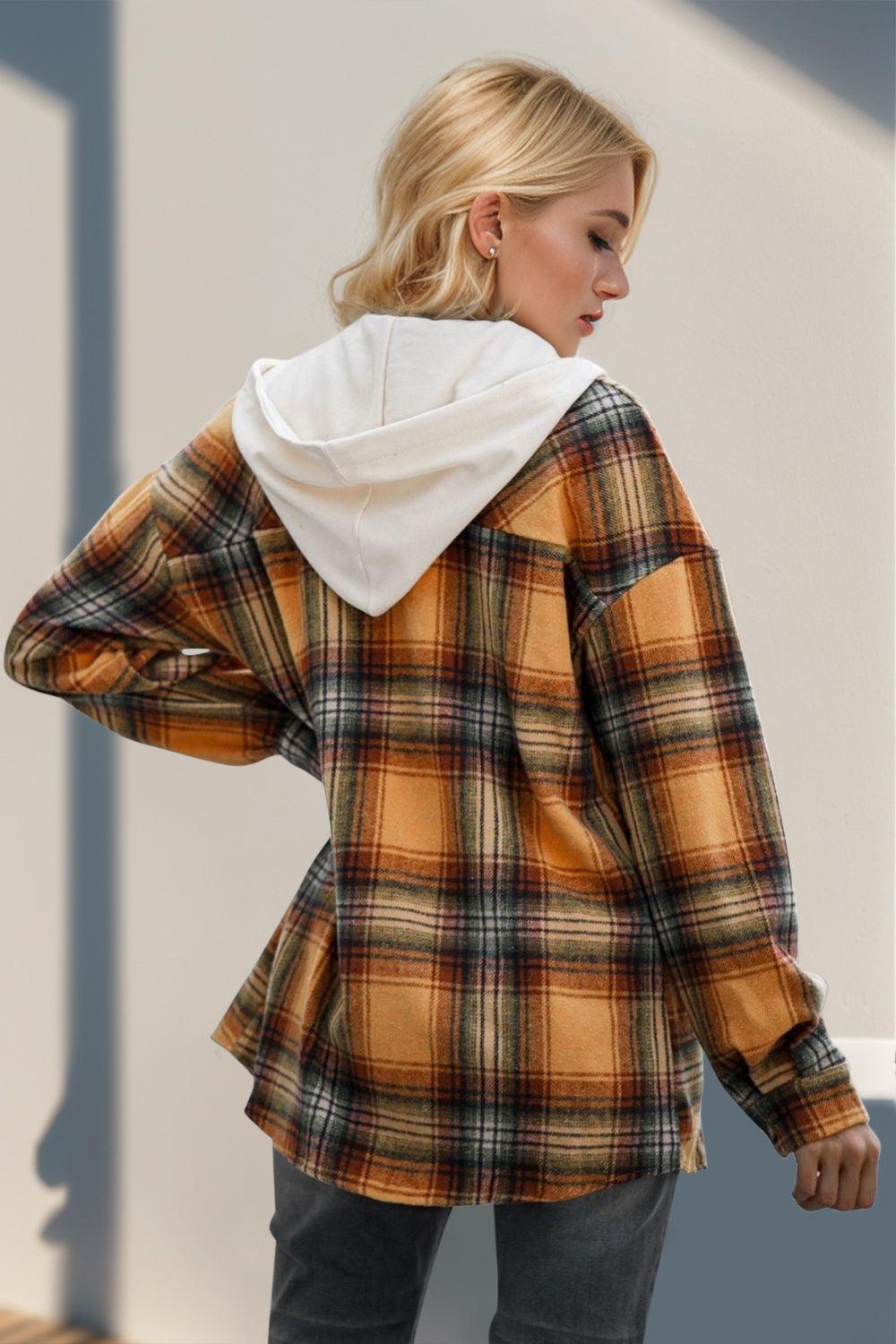 Double Take Drawstring Plaid Long Sleeve Hooded Shacket - ClubOn