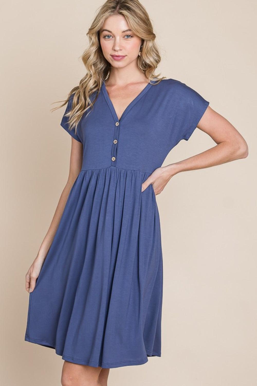 BOMBOM V-Neck Short Sleeve Dress - ClubOn