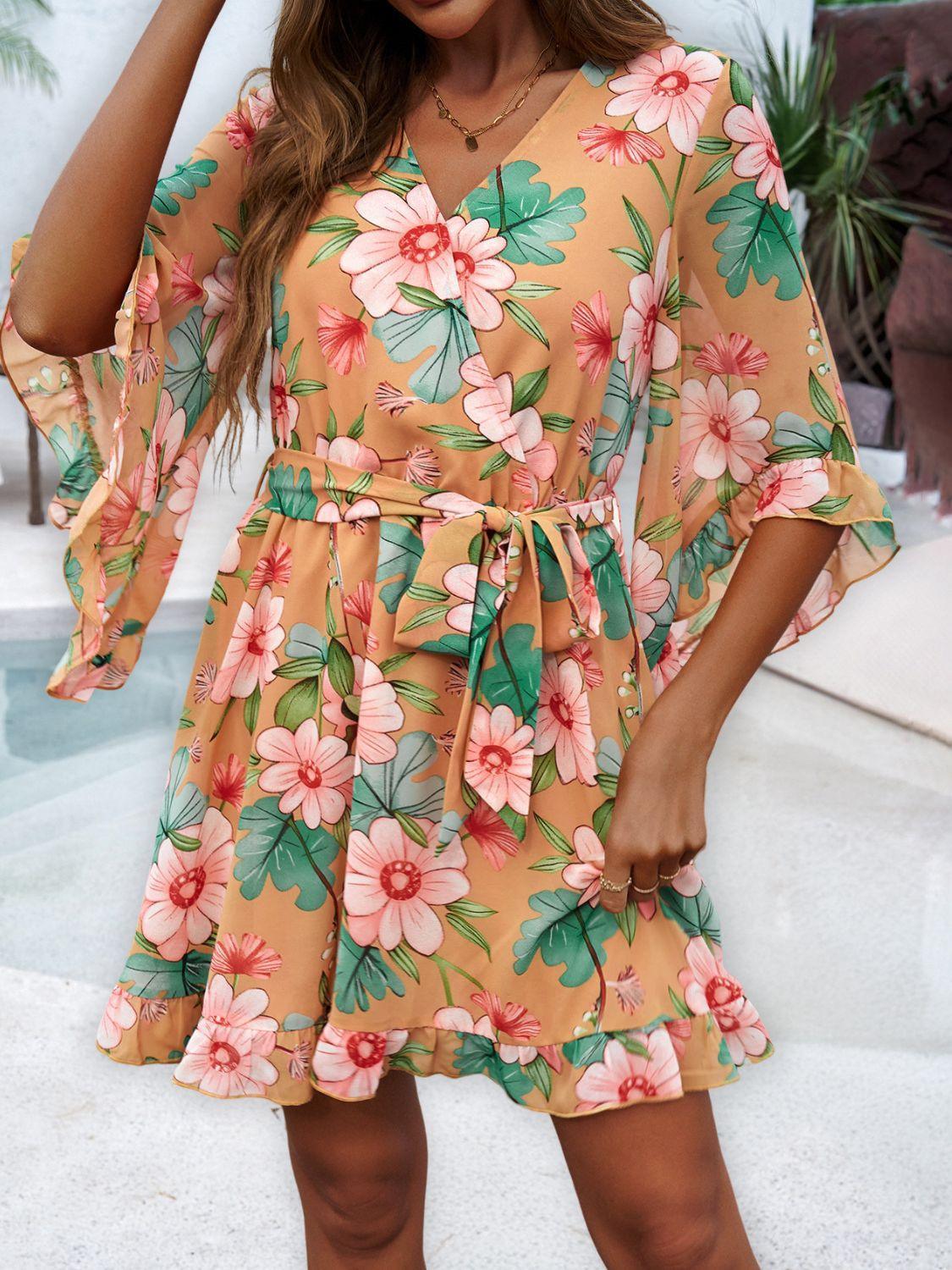 Devine Ruffled Printed Surplice Half Sleeve Mini Dress - ClubOn