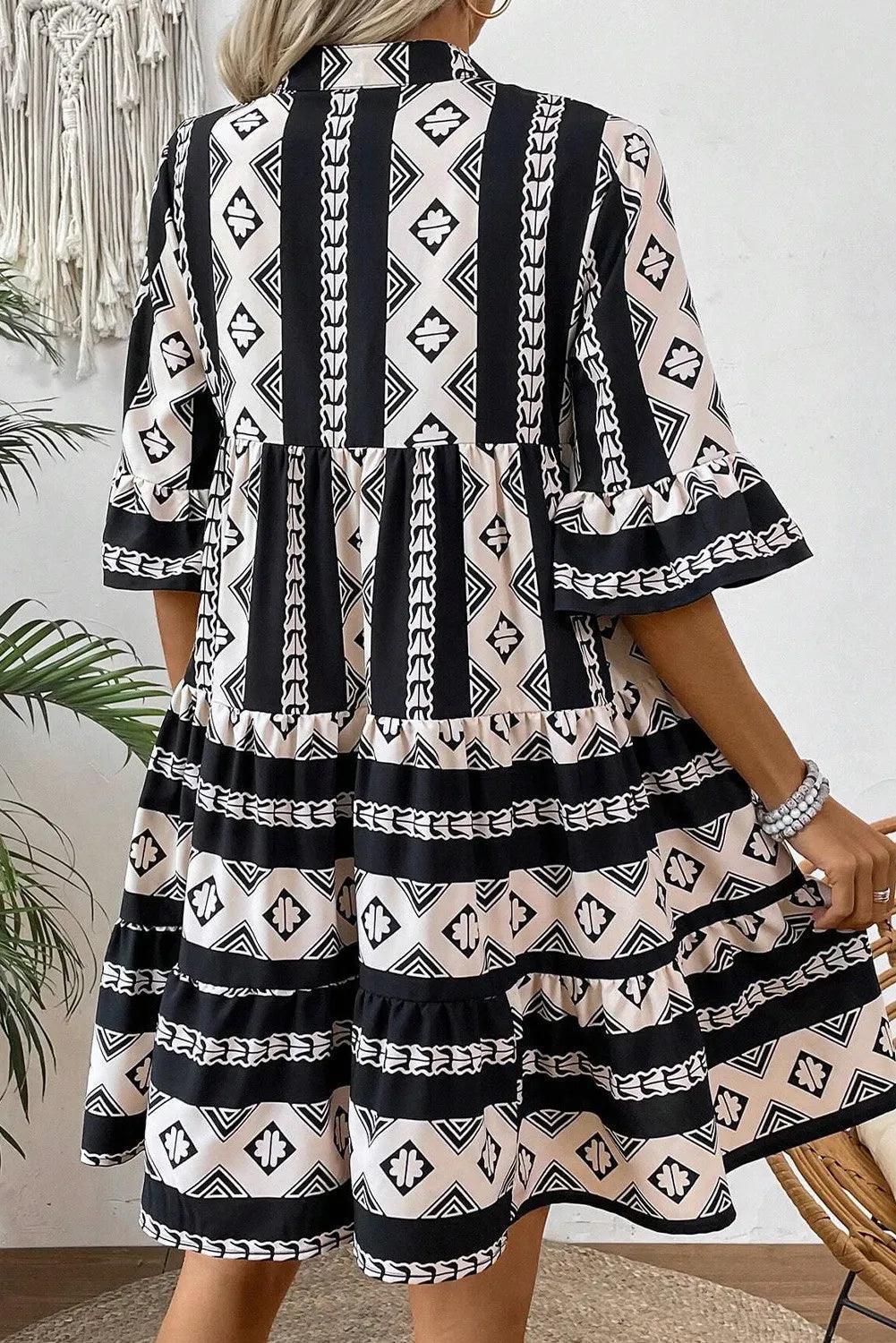 Tiered Printed Notched Half Sleeve Dress - ClubOn