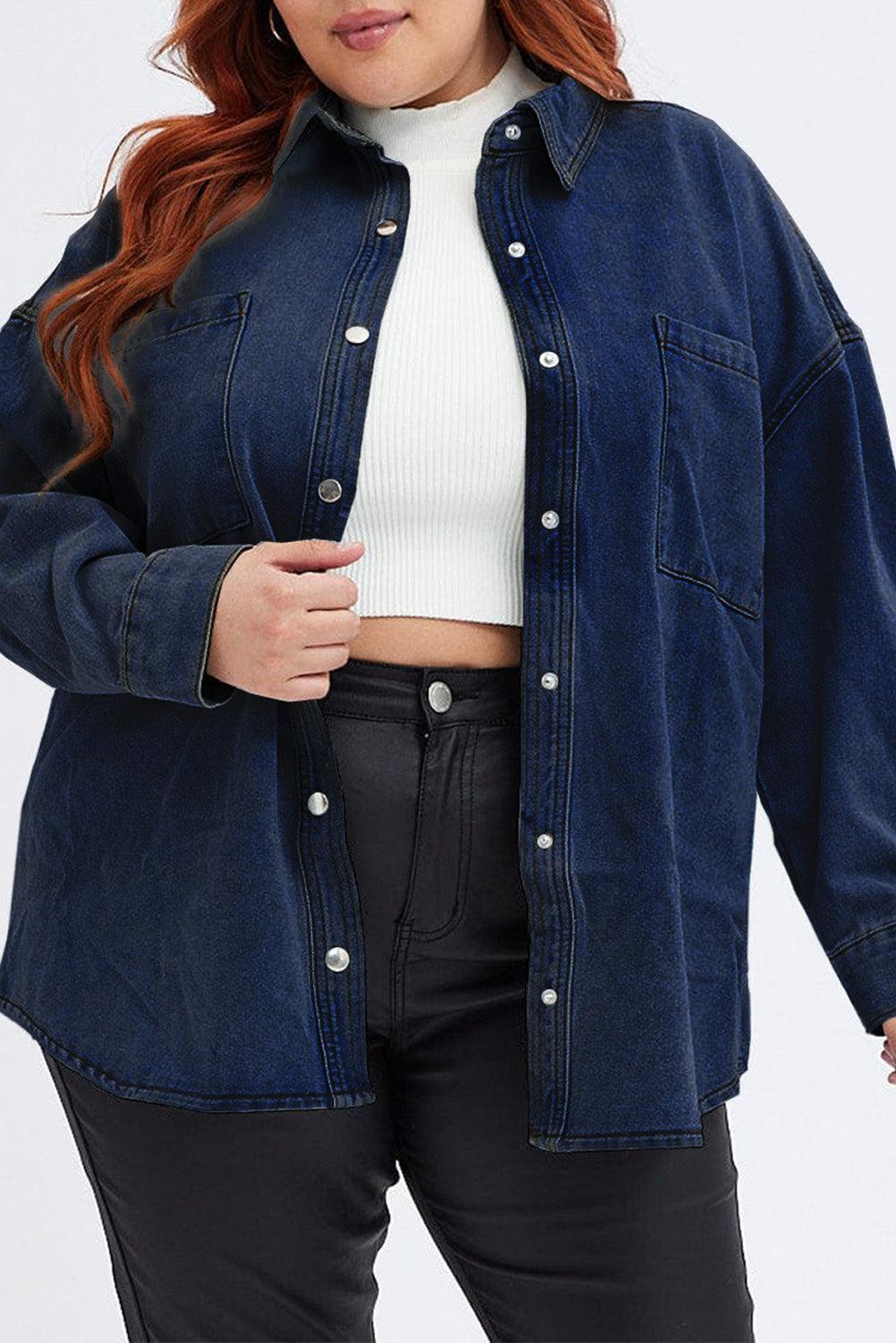 Plus Size Snap Down Pocketed Denim Jacket - ClubOn