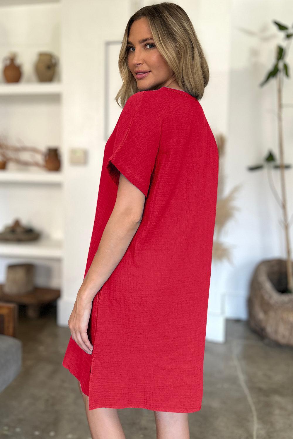 FAM-FAM Slit Notched Short Sleeve Mini Dress - ClubOn