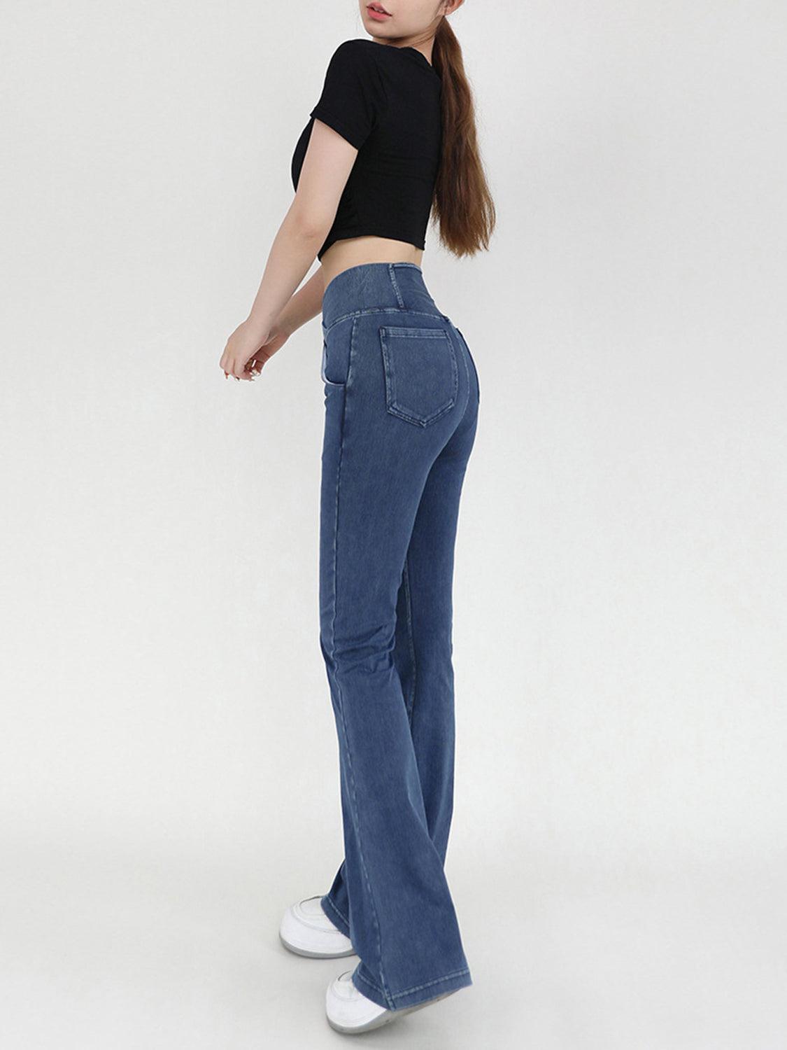 Wide Waistband Bootcut Jeans with Pockets - ClubOn