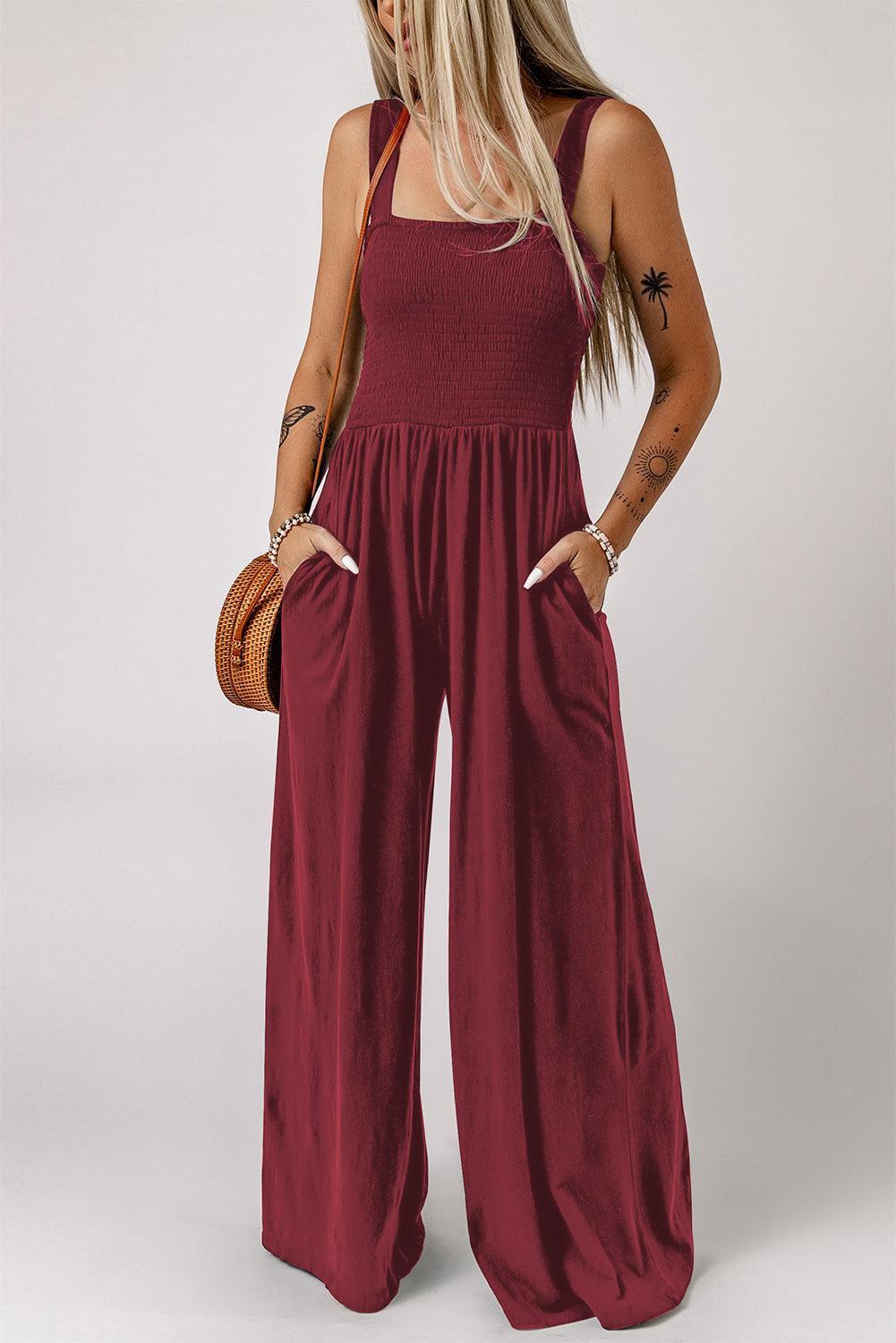 Smocked Square Neck Wide Leg Jumpsuit with Pockets - ClubOn