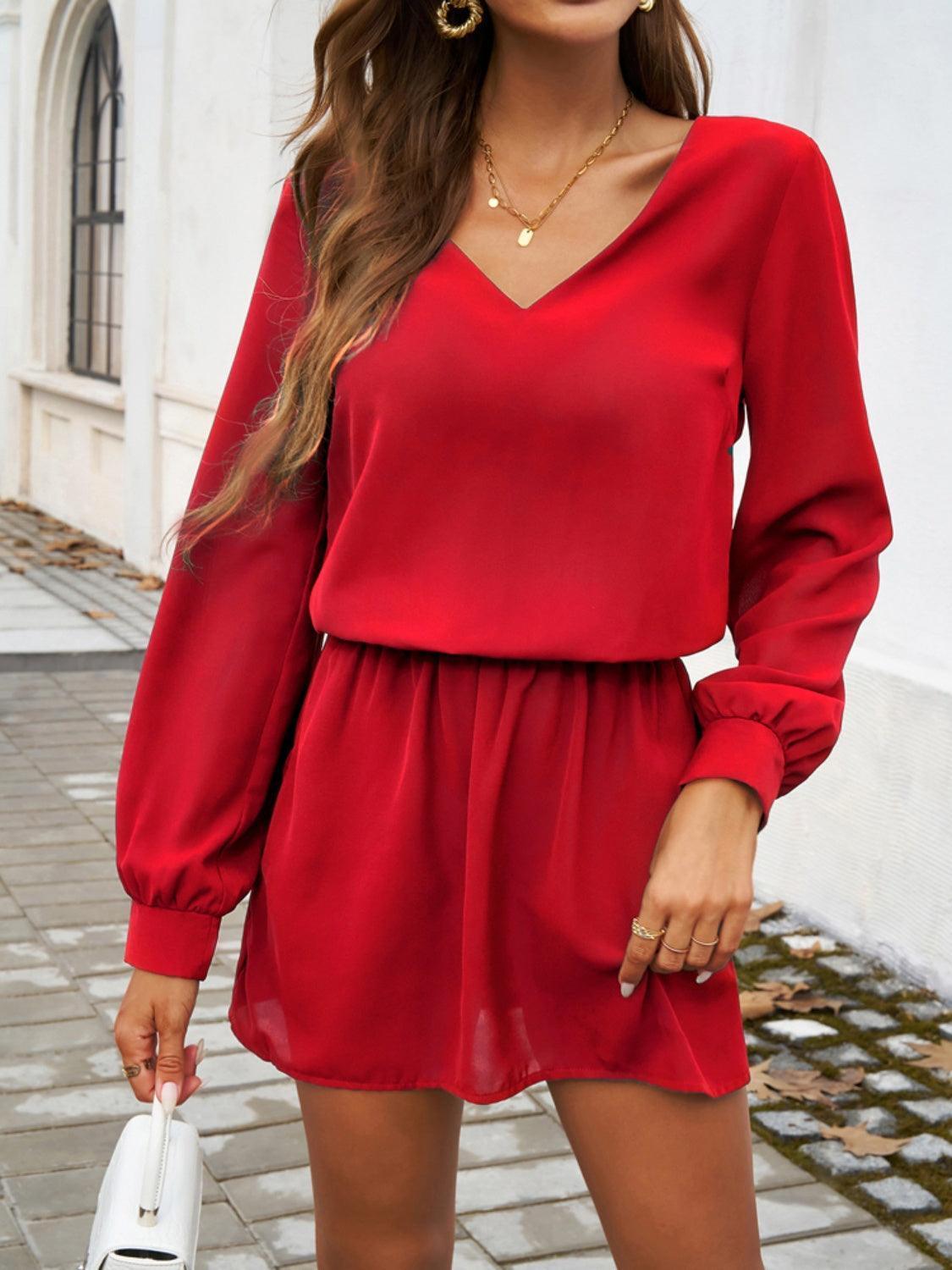 Devine Cutout V-Neck Long Sleeve Mini Dress - ClubOn