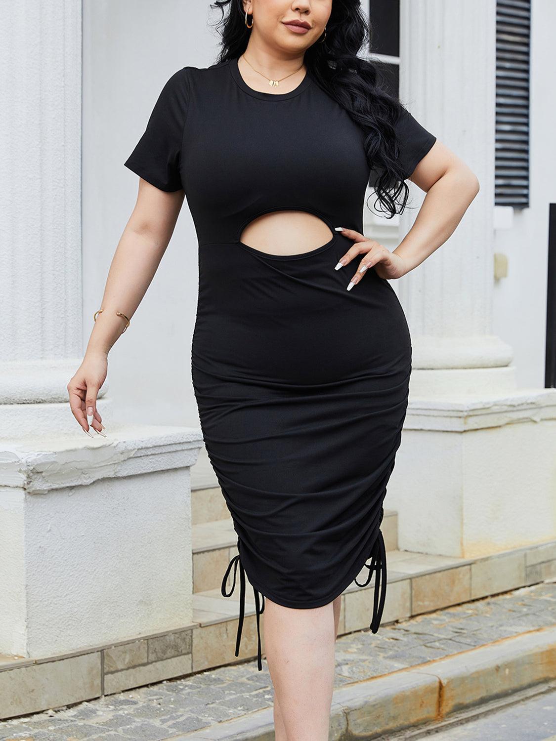 Plus Size Cutout Ruched Round Neck Short Sleeve Dress - ClubOn