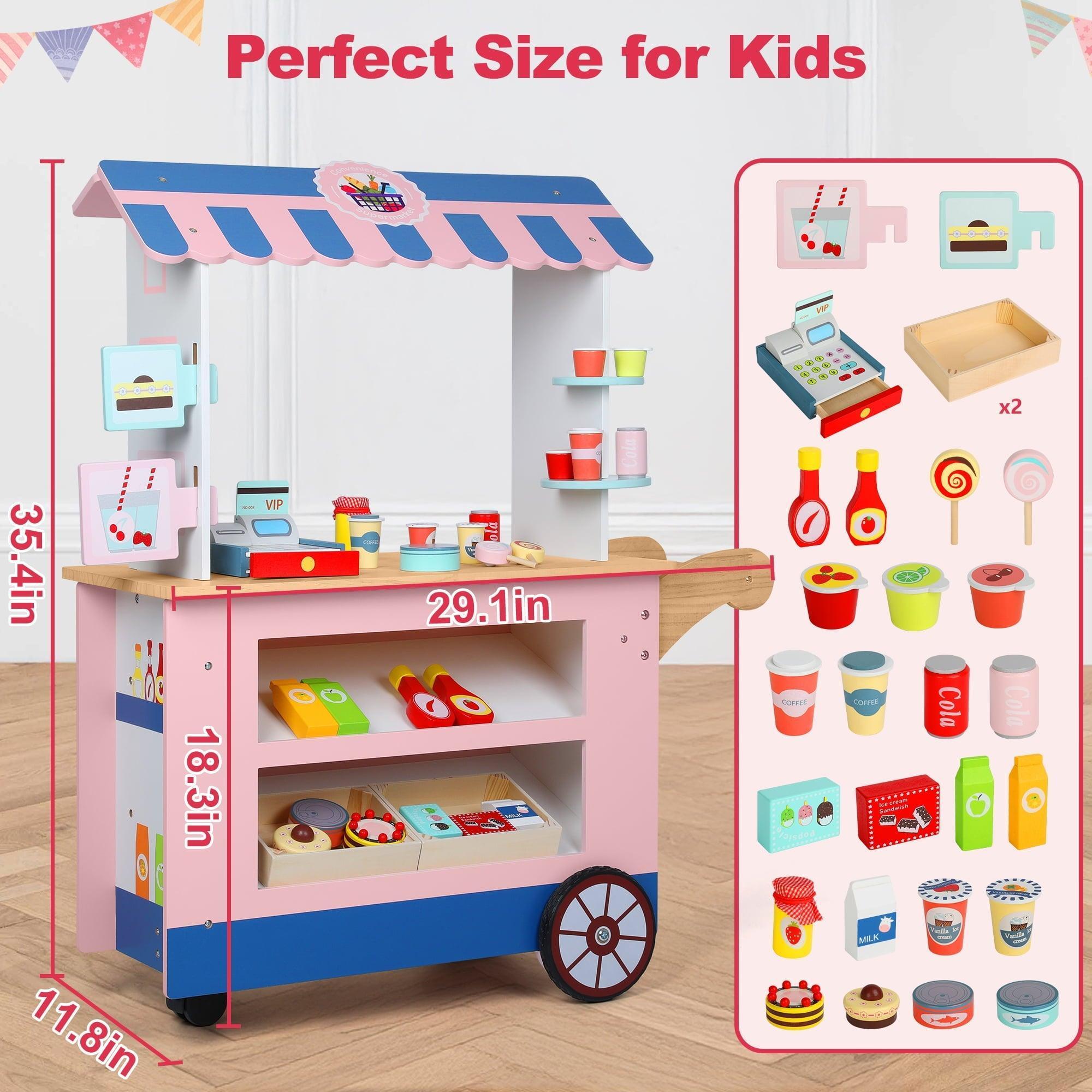 Wisairt Kids Grocery Store Play Set – Pretend Play Wooden Supermarket Shopping Toy with Cash Register, Food & Drink – Pink & Blue - ClubOn