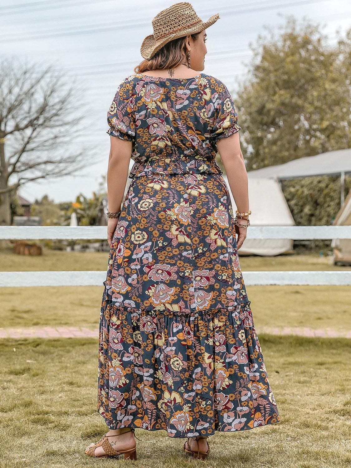 Plus Size Tie Neck Short Sleeve Top and Skirt Set - ClubOn