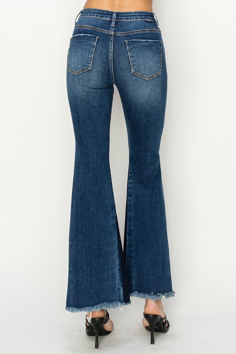 RISEN Full Size High Rise Side Shadow Seam Detail Slit Flare Jeans - ClubOn