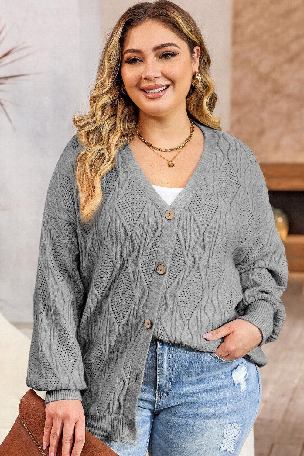 Plus Size Cable-Knit Button Up Sweater - ClubOn