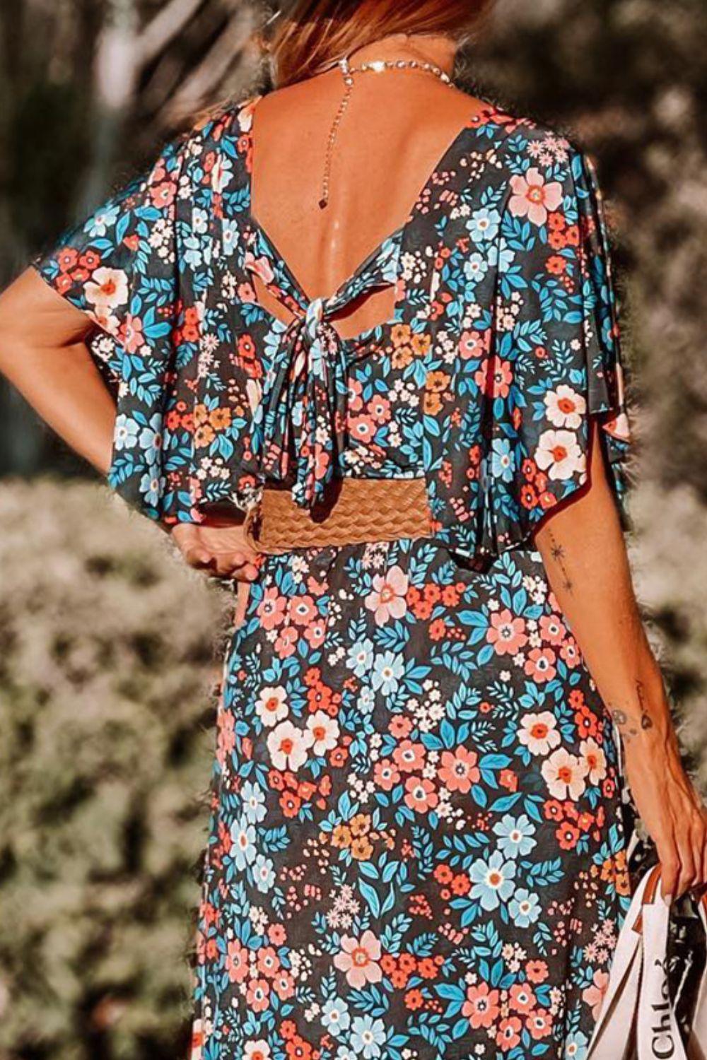 Tied Printed Round Neck Half Sleeve Dress - ClubOn