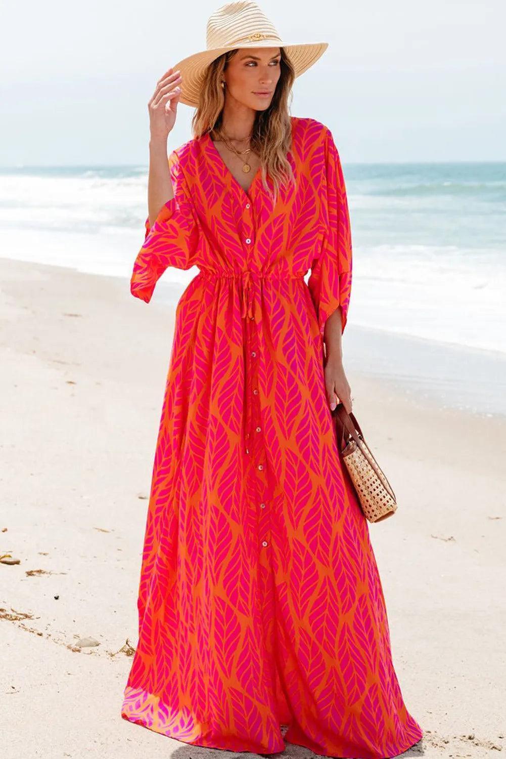 Drawstring Printed V-Neck Maxi Dress - ClubOn