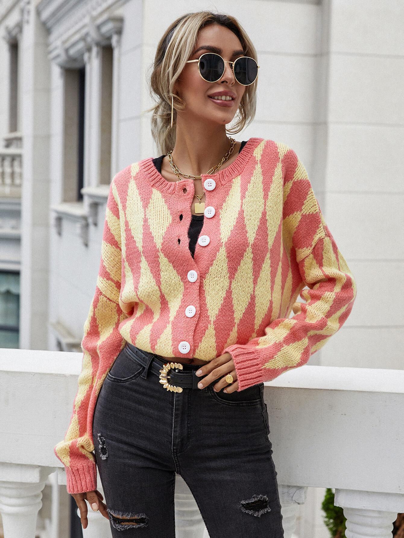 Woven Right Argyle Button Front Drop Shoulder Cardigan - ClubOn