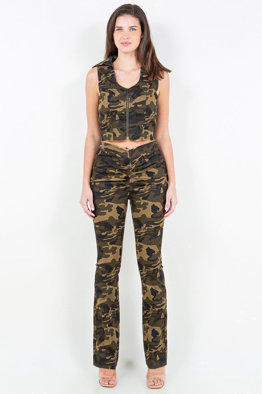 American Bazi V-Cut Ruched Camo Flare Pants - ClubOn