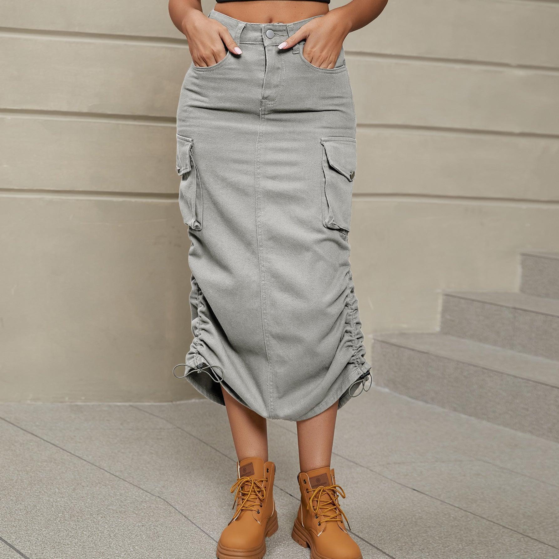 Drawstring Ruched Slit Denim Midi Skirt - ClubOn