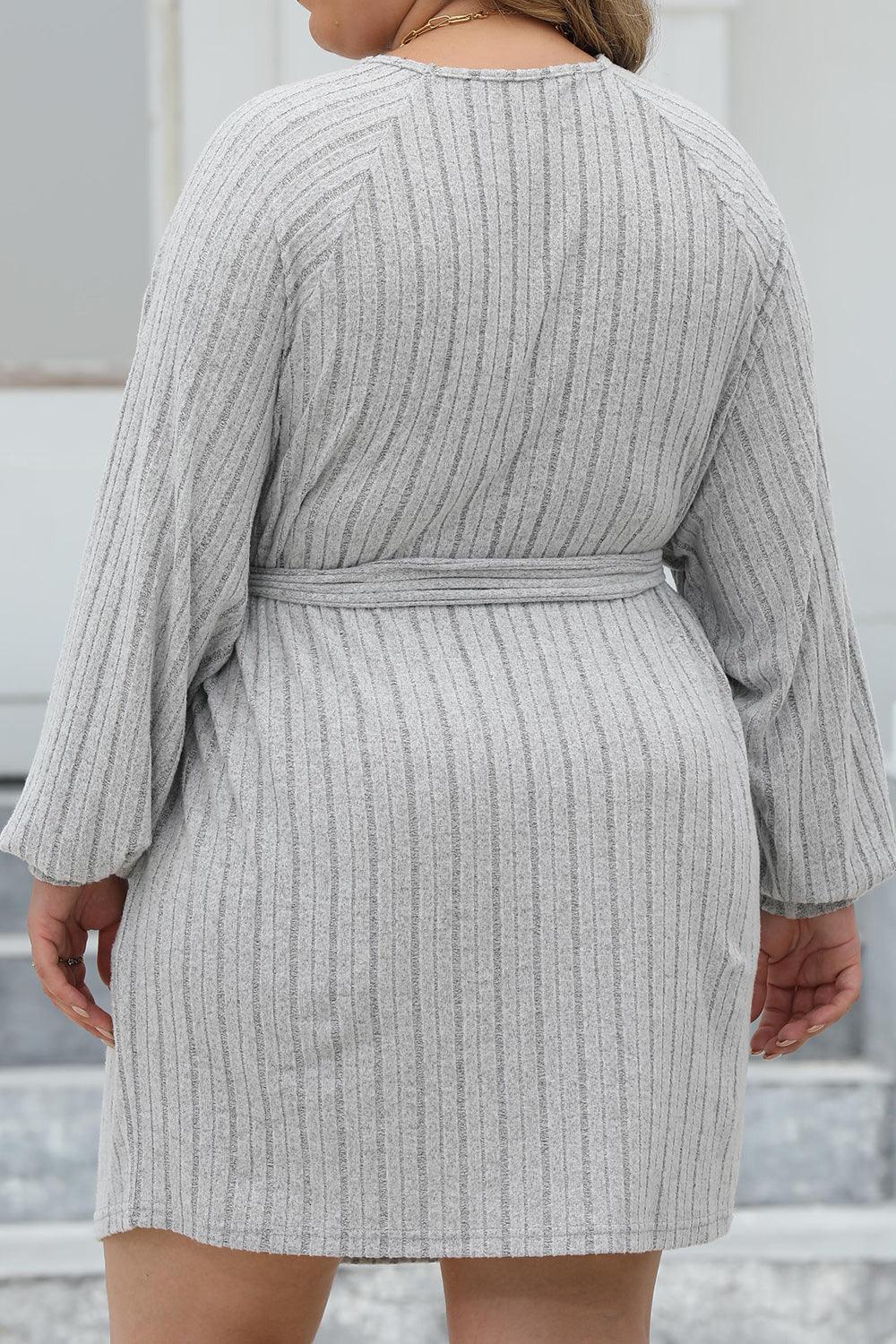 Plus Size Ribbed Tie Front Long Sleeve Sweater Dress - ClubOn