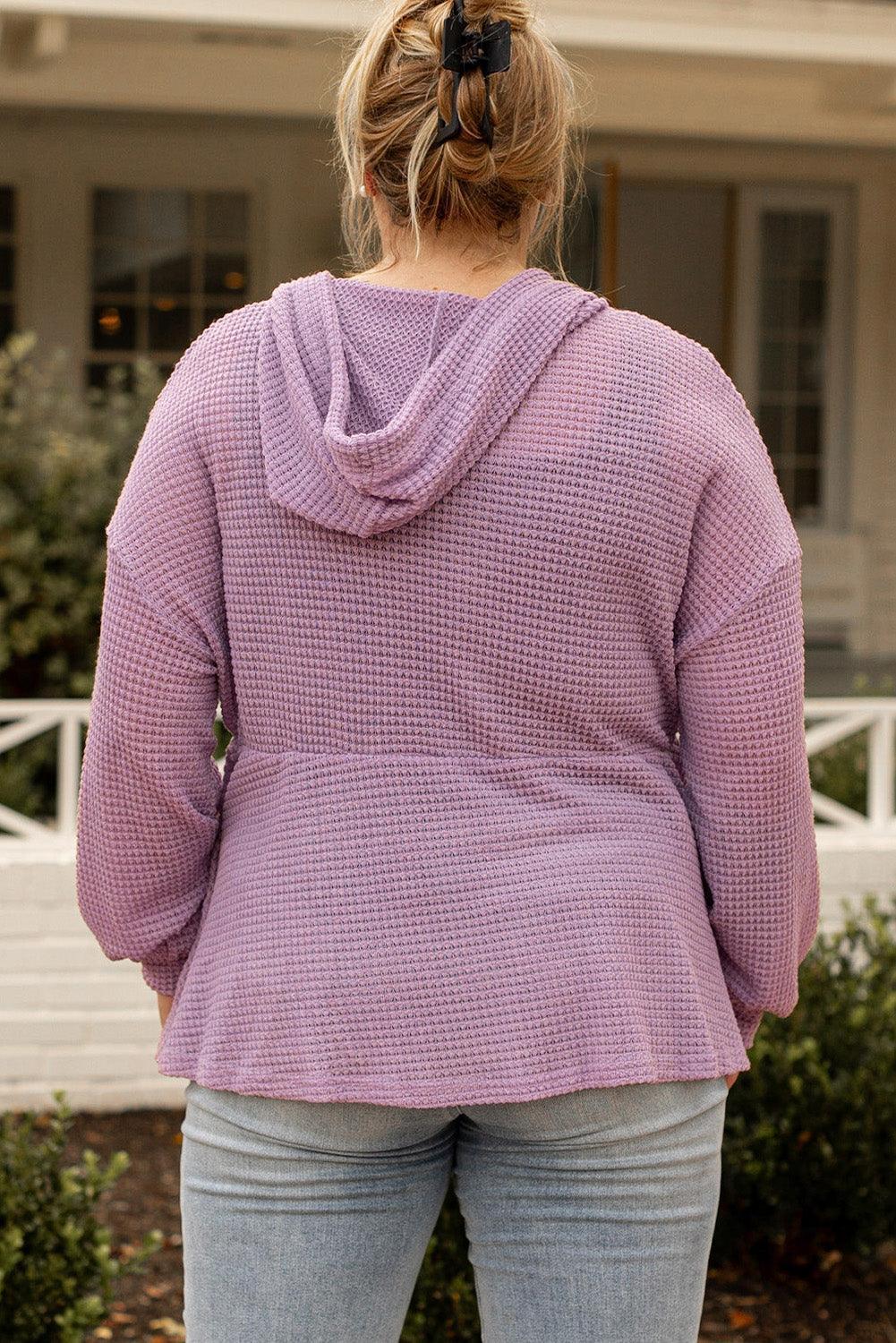 Plus Size Waffle Knit Drawstring Half Button Hooded Knit Top - ClubOn