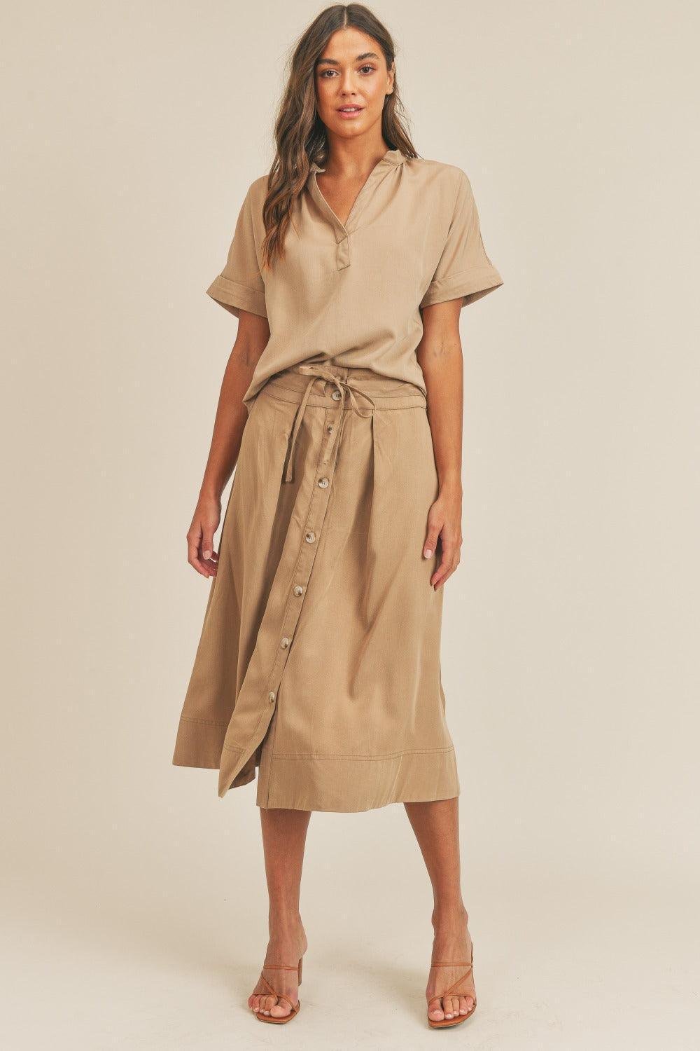 MABLE Short Sleeve Top & Button Down Midi Skirt Set - ClubOn