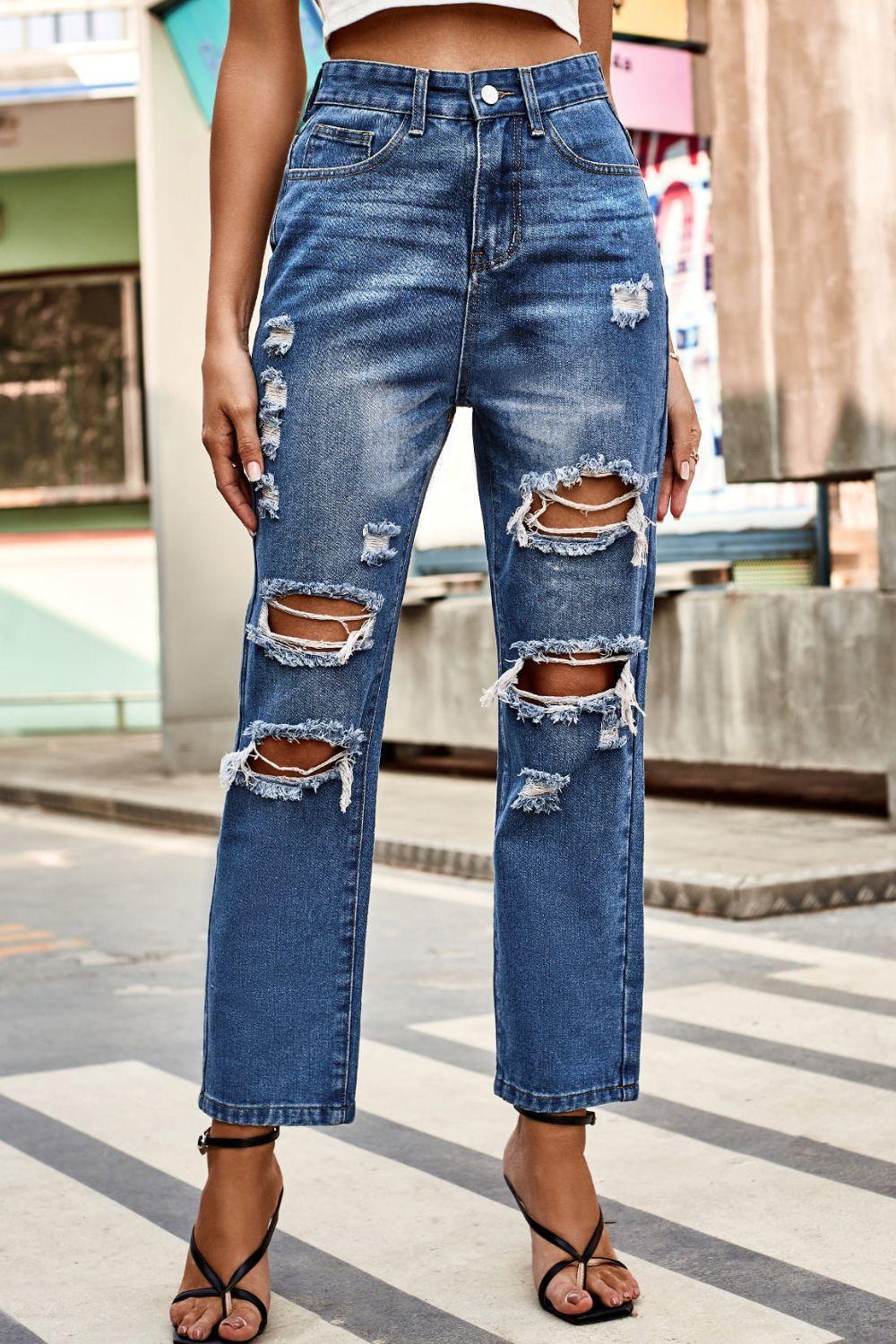 Distressed High Waist Straight Jeans - ClubOn