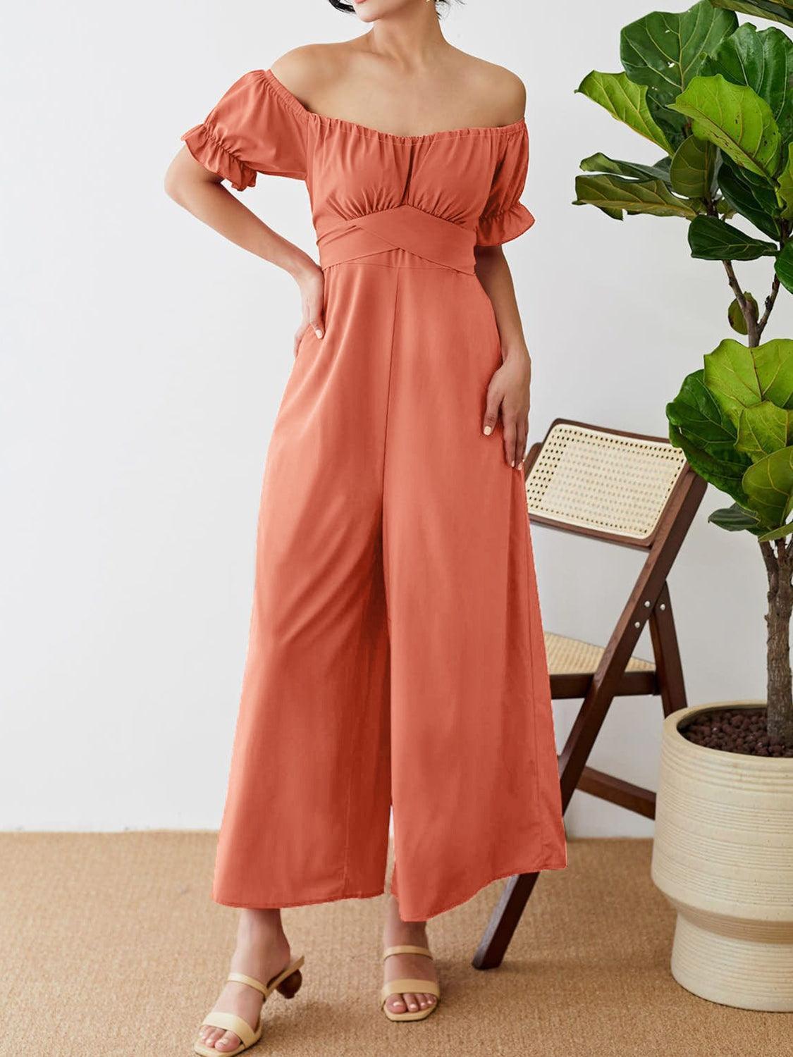 Off-Shoulder Short Sleeve Wide Leg Jumpsuit - ClubOn