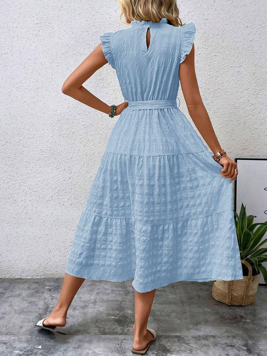 Tied Ruffled Cap Sleeve Midi Dress - ClubOn