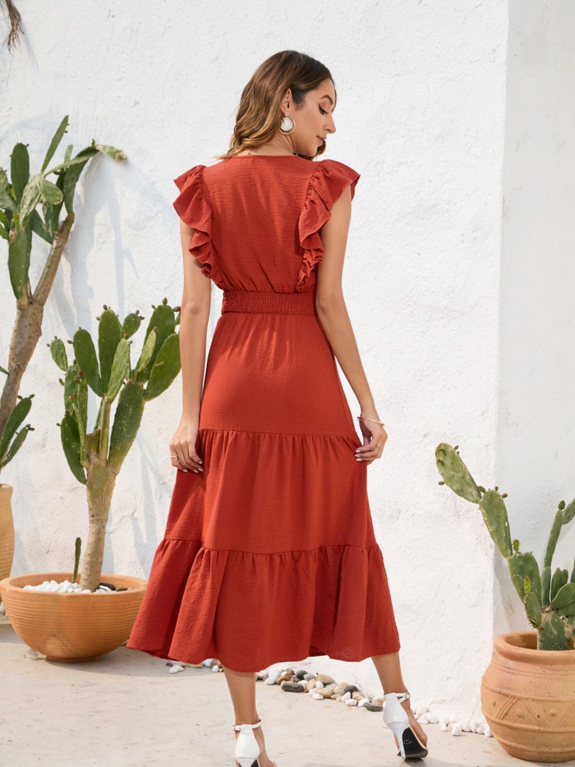 Tiered Ruffled V-Neck Cap Sleeve Dress - ClubOn