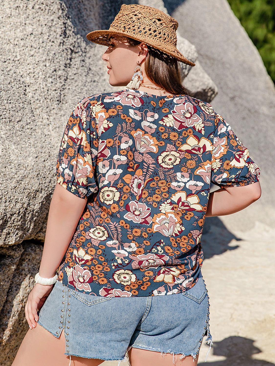 Plus Size Printed Notched Half Sleeve Blouse - ClubOn