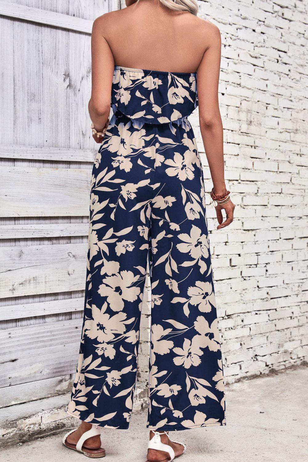 Perfee Floral Strapless Wide Leg Jumpsuit - ClubOn