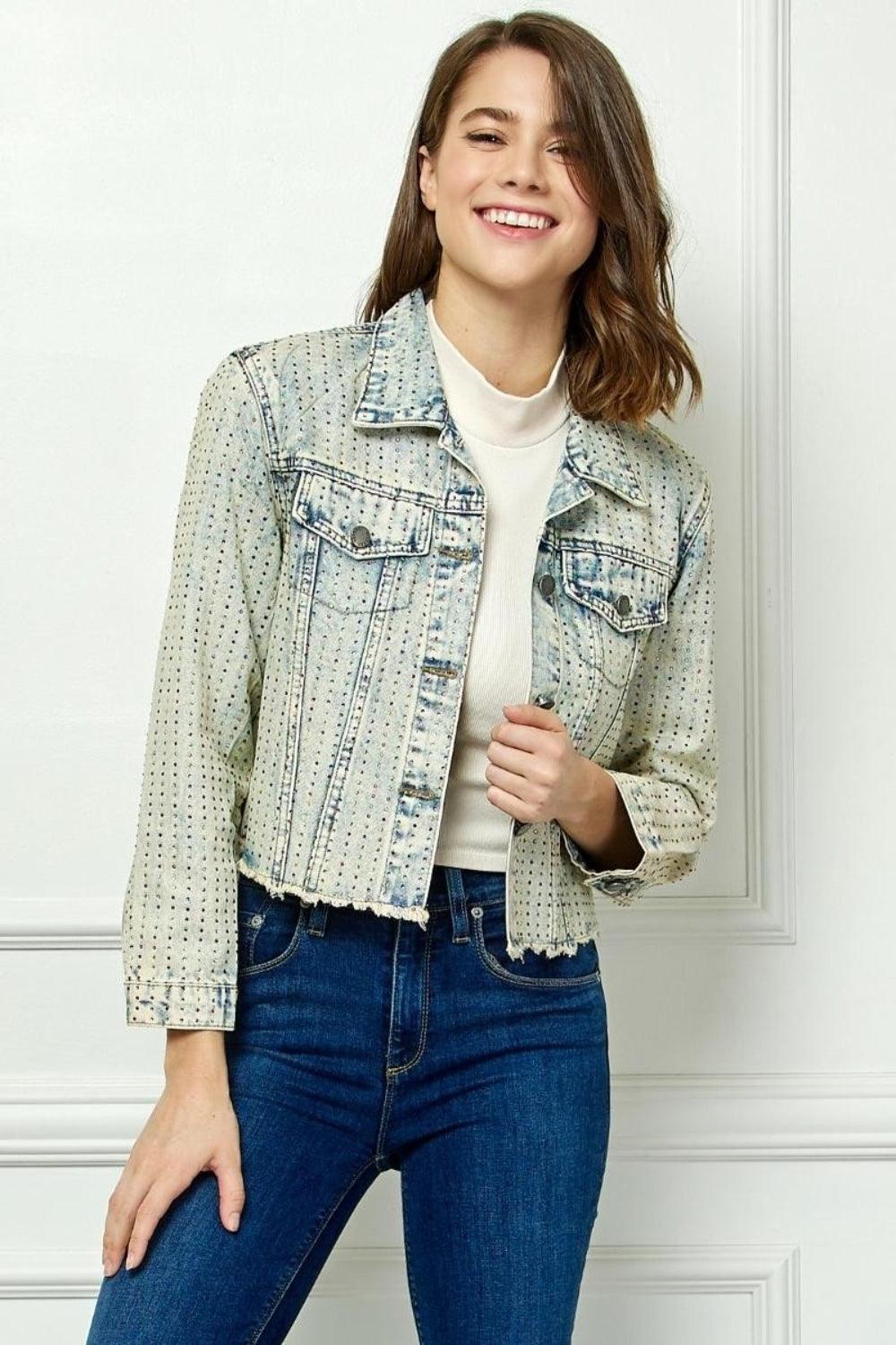 Veveret Multi Color Stripe Rhinestone Raw Hem Denim Jacket - ClubOn