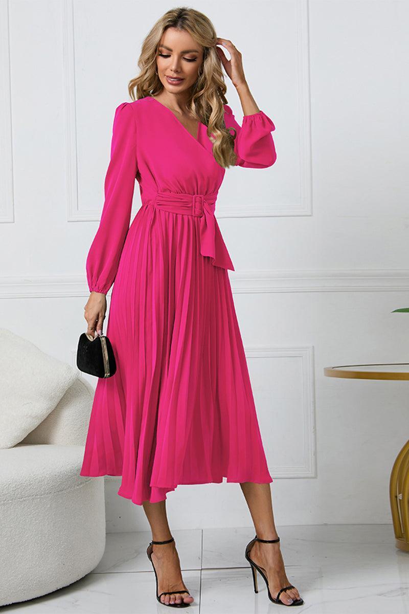 V-Neck Long Sleeve Tie Waist Midi Dress - ClubOn