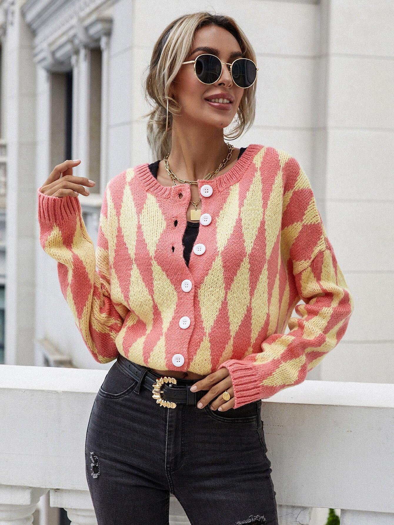 Woven Right Argyle Button Front Drop Shoulder Cardigan - ClubOn