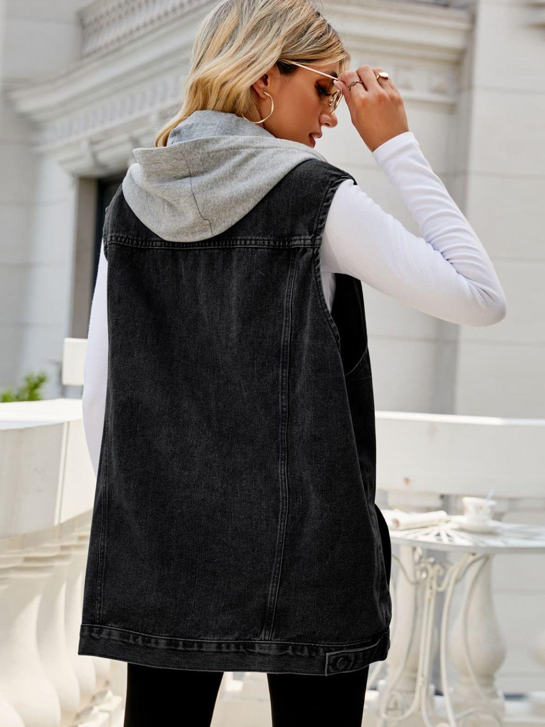 Drawstring Hooded Sleeveless Denim Top with Pockets - ClubOn