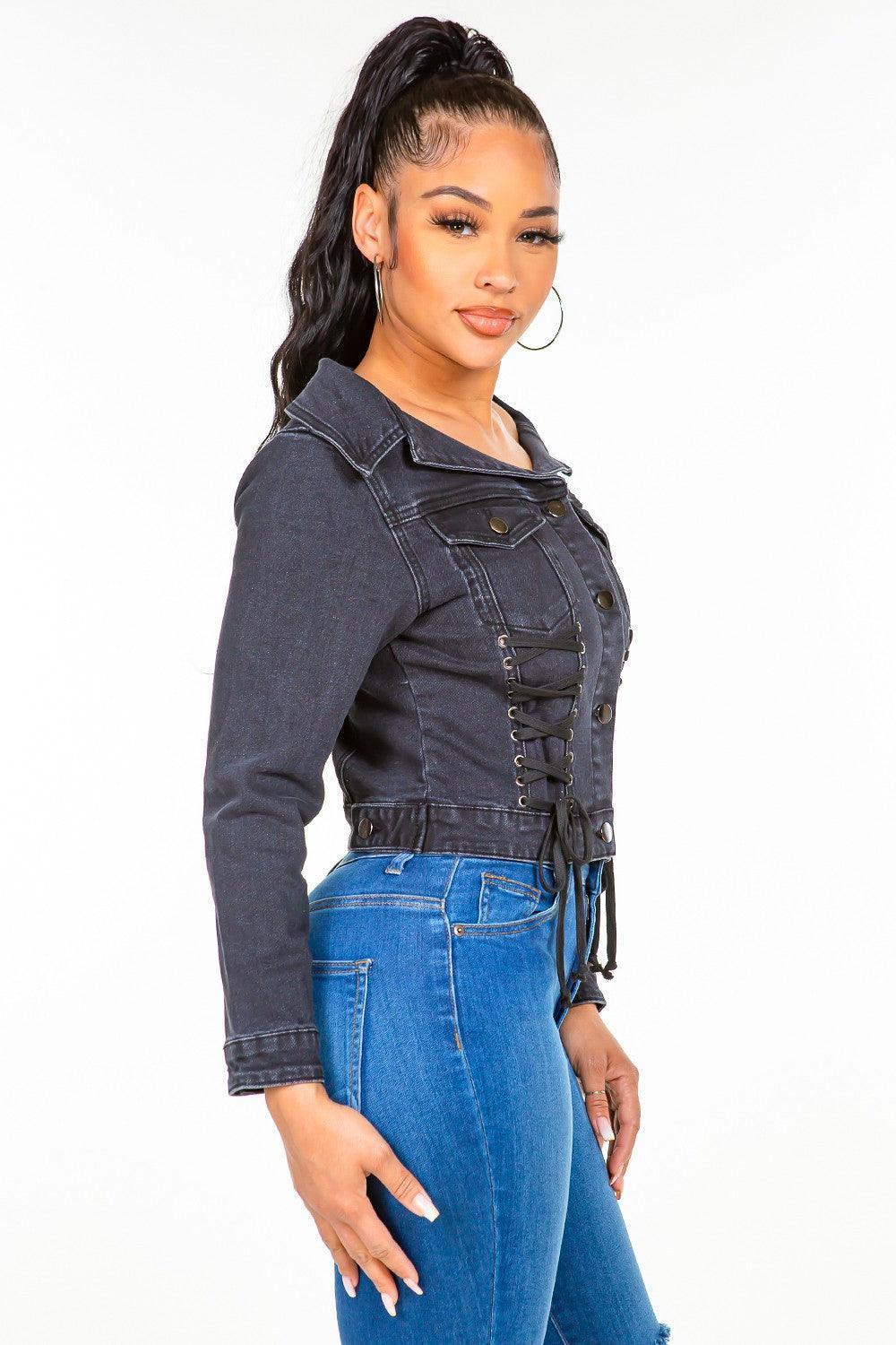 American Bazi Off Shoulder Lace Up Denim Jacket - ClubOn