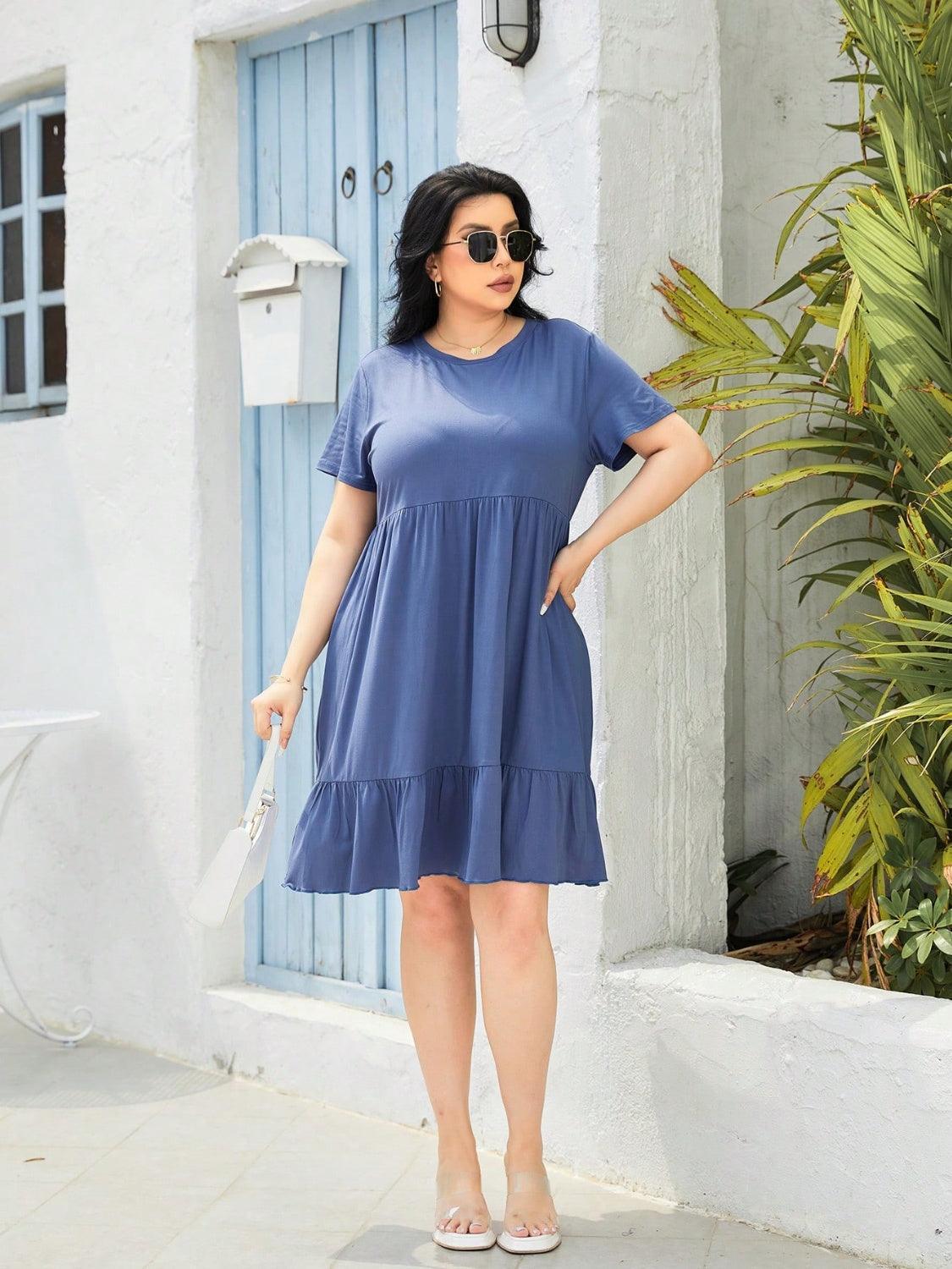 Plus Size Round Neck Short Sleeve Dress - ClubOn