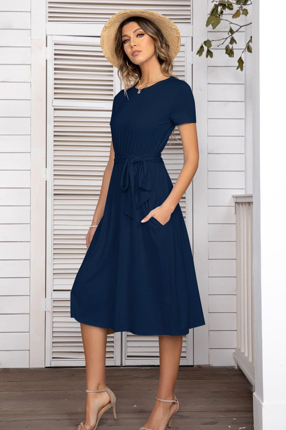Belted Tee Dress With Pockets - ClubOn